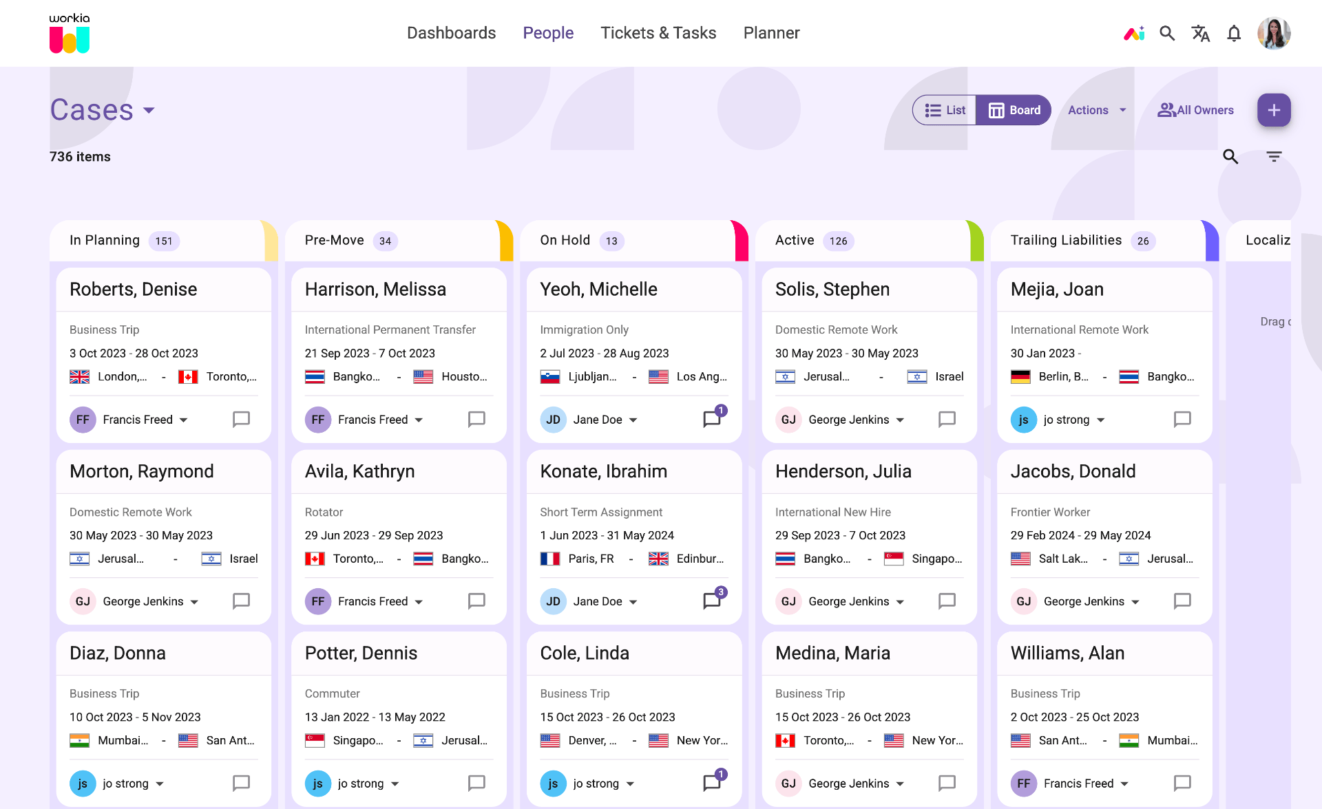 Workia global mobility software showing a board of live employee move cases