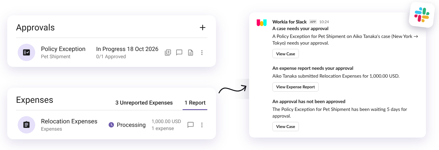 Slack messages from Workia requesting case and expense approvals