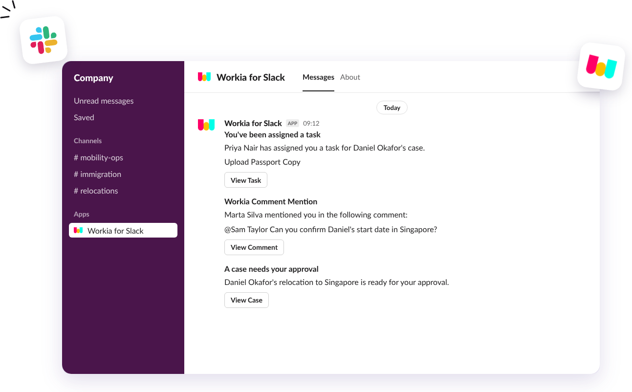 Workia for Slack messages showing a task assignment, a comment mention and a case approval