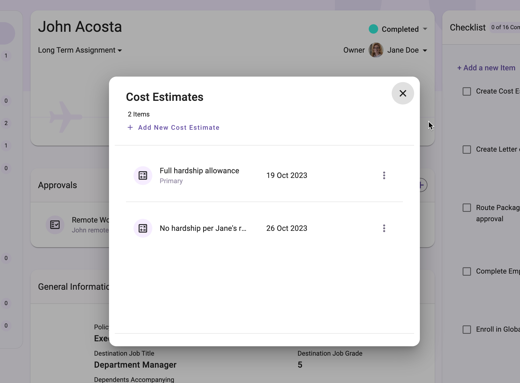 Cost estimate list