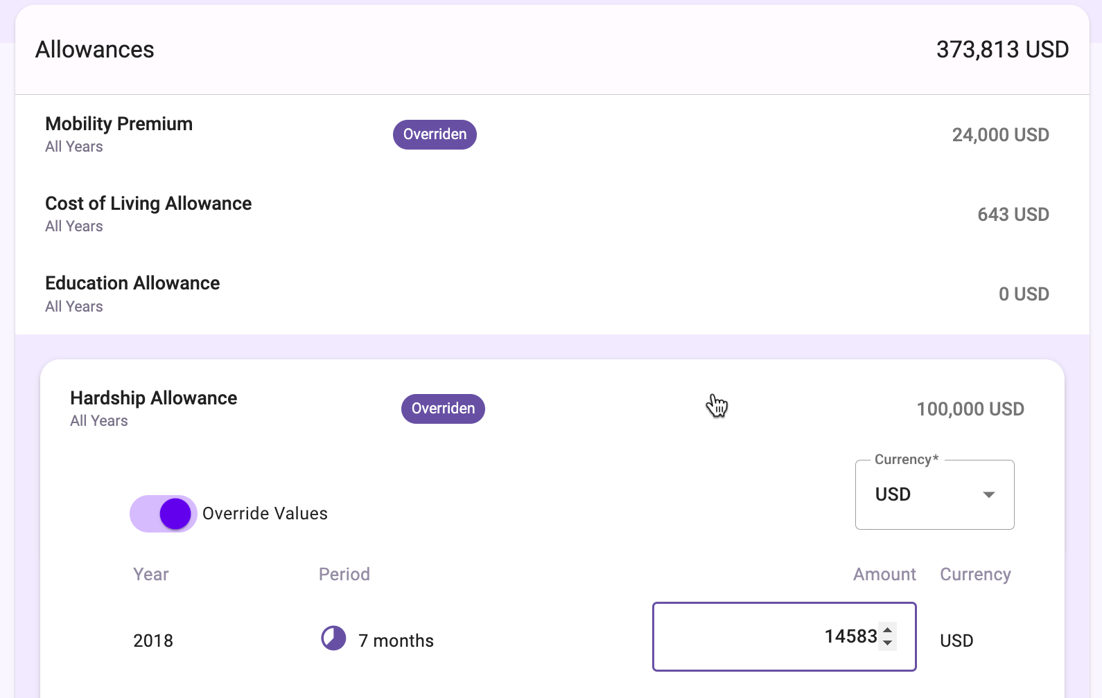 Cost estimate override values