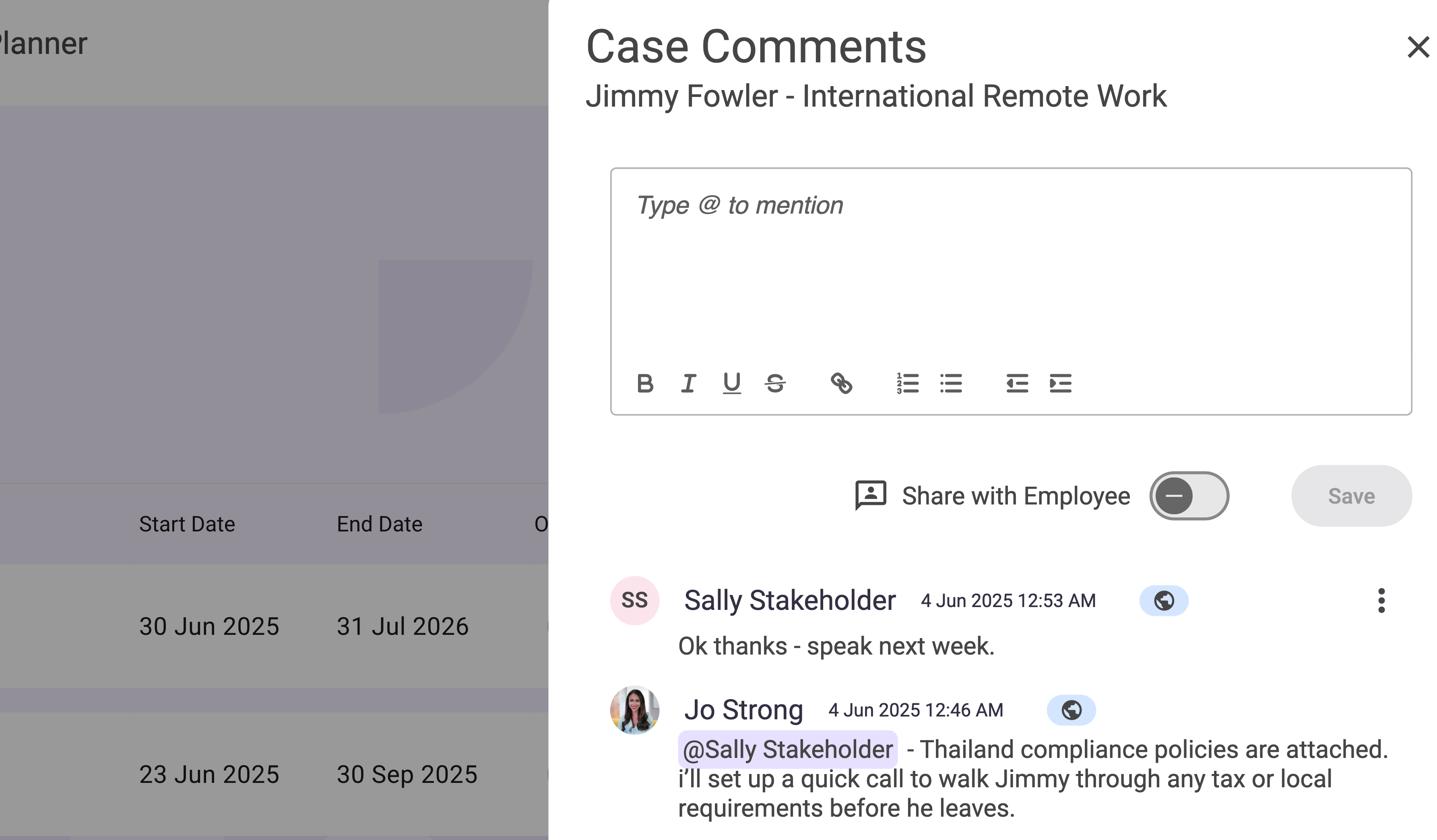Case Comments modal for stakeholder initiator role